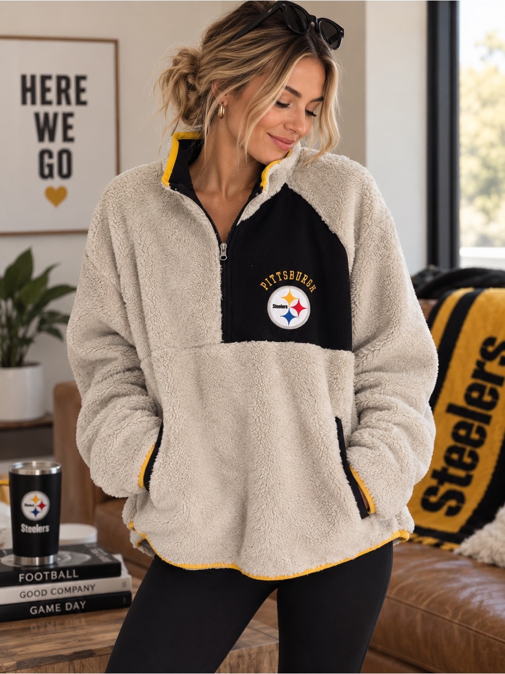 NFL Pittsburgh Steelers Women’s Beige Sherpa Pullover Quarter Zip Sweater XXL